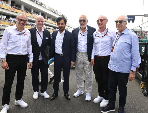 Ben Sulayem, Domenicali, Stroll, Maffei, Ferrari y Bezos juntos en el Miami GP
